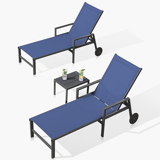 PURPLE LEAF 2 Pieces Outdoor Chaise Lounge Aluminum Patio Lounge Chair with Wheels and Armrests Outdoor Lounge Recliner Chair for Pool Backyard Beach Navy Blue