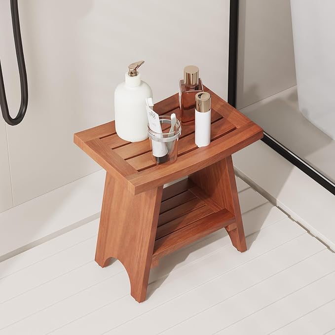 EROMMY 18" Teak Shower Bench with Storage Shelf, Solid Teak Wood Shower Seat, Waterproof Shower Stool for Shaving Legs, Heavy Duty Shower Chair for Inside Shower Bathroom Indoor Outdoor Patio Pool