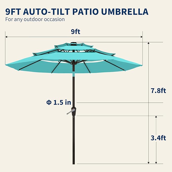 9FT 3 Tiers Patio Umbrella With Auto Tilt and Crank, Outdoor Table Market Umbrella with 8 Sturdy Ribs for Garden,Lawn,Deck,Backyard and Pool,Peacock Blue