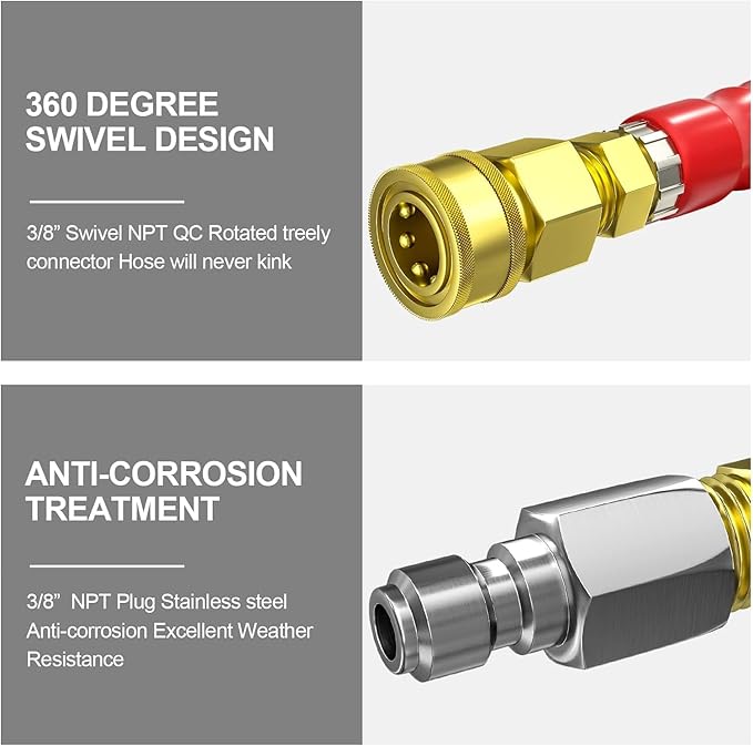POHIR 3/8" Pressure Washer Hose 150FT 4800psi Kink Resistant High Tensile Wire Braided Power Washer Hose Cold & Hot Water Max 248℉ 2pcs 3/8" Quick Connect to M22 14mm Accessories