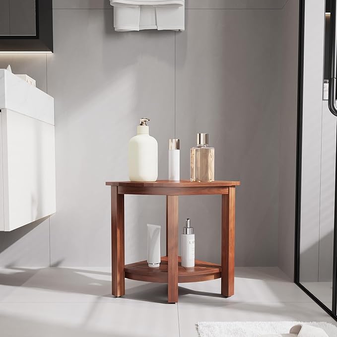 EROMMY 16.8" Teak Shower Bench for Inside Shower, Teak Corner Shower Bench, Waterproof Bath Chair, Shower Stool for Shaving Legs,Space Corner Shower Shelf for Showers & Small Bathrooms