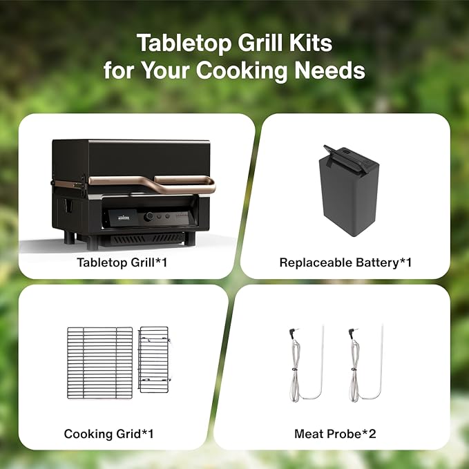 ASMOKE Essential V2 - Smart Portable Wood Pellet Grill & Smoker with 5" LCD Screen, 8-in-1 Grill,8H Battery, Effortless Cleaning, Wi-Fi Smart Control, 271 sq.in,Fit for Family BBQ & Outdoor Cooking