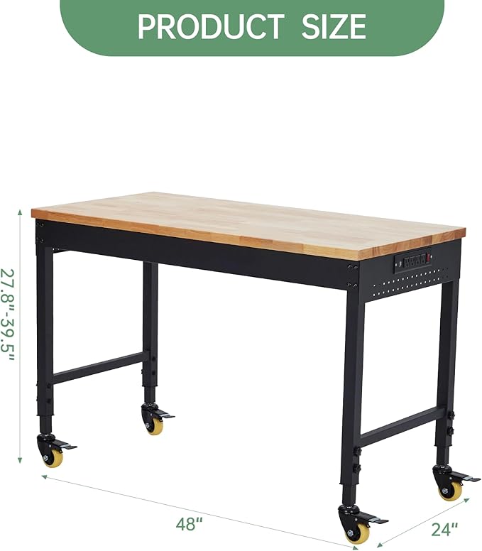 48"x24" Heavy-Duty Adjustable Workbench - 2000LB Capacity Work Bench with Rubberwood Top, Locking Wheels & Power Outlets, 27.8"-39.5" Height, Mobile Garage Workstation for Workshop/Home DIY