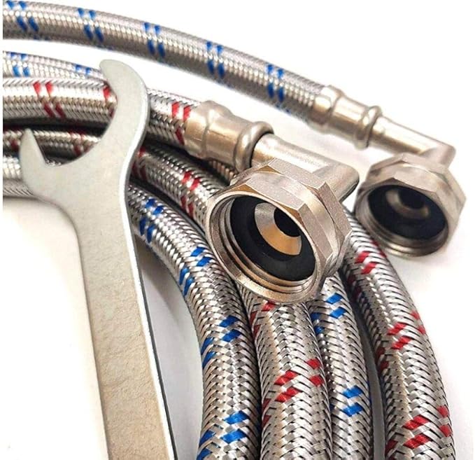 Washing Machine Hoses (4 FT) - Double 90° Elbow to Fit Tight Spaces - OCTAGON Connections for Easy & Secure Tightening - Burst Proof Water Supply Line (2 Pack) - Universal Fit to All Wash Machines