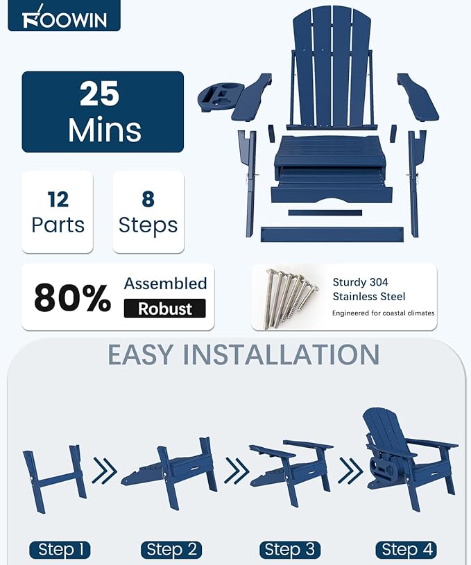 FOOWIN Folding Adjustable Adirondack Chair with Retractable Ottoman Set of 2, HDPE Adirondack Chair w/4 in 1 Cup Holder Trays,All-Weather Resistant Fire Pit Chair for Outdoor Patio Lawn, Navy Blue