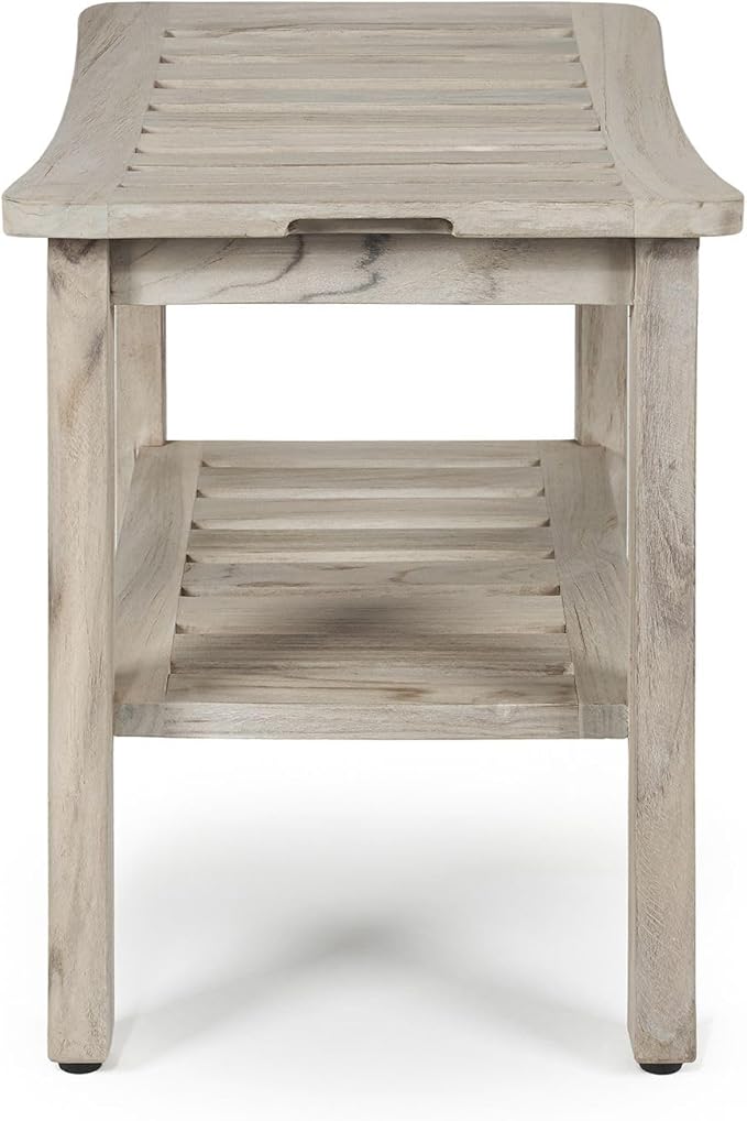 TeakCraft Patented Gray Teak Shower Bench with Shelf 21 Inch for Bathroom, Spa - Fully Assembled, Shower Stool, Rustic Gray Finish, The Lavici