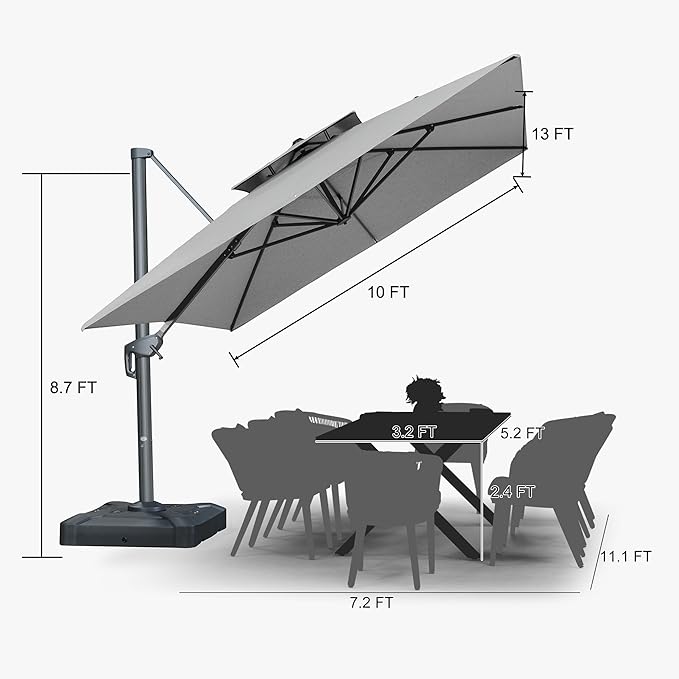 PURPLE LEAF 10' X 13' Double Top Cantilever Patio Umbrella Deluxe Large Outdoor Umbrella Rectangle Offset Umbrella with Fade Resistance for Garden Deck Pool Patio, Pebble Grey