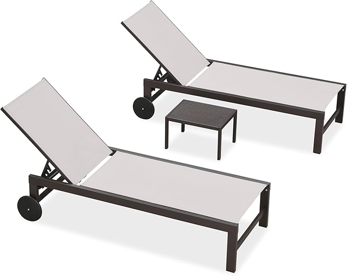 PURPLE LEAF Outdoor Chaise Lounge Chair Set of 3, Pool Lounge Chair for Outside, Aluminum Patio Chaise Lounger with Adjustable Backrest and Wheels for Deck, Outside, Lawn, Garden, Linen