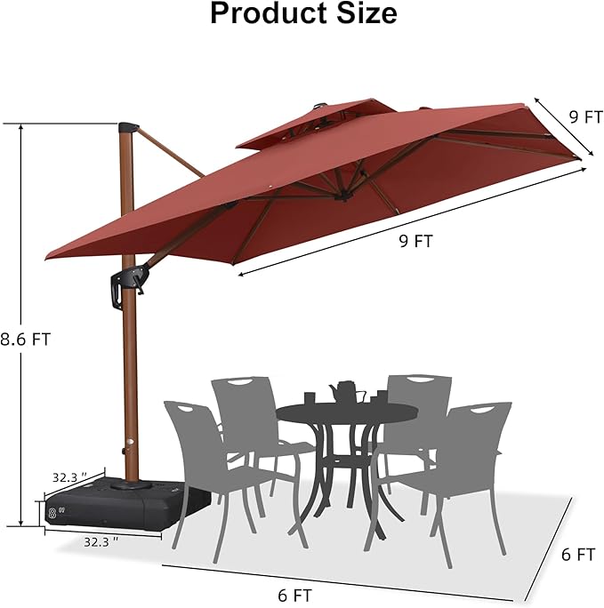 PURPLE LEAF Patio Umbrella with Base Outdoor Square Umbrella Large Cantilever Umbrella Windproof Offset Umbrella Heavy Duty Sun Umbrella for Garden Deck Pool Patio, 9ft Brick Red