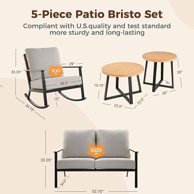 Grand patio Outdoor Rocking Chairs, 5-Piece Leather-Look Patio Bistro Set Outdoor Furniture Conversation Sets with Loveseat, 2 Rocking Chairs and 2 Faux Wood Grain Coffee Table, 4.75'' Grey Cushions