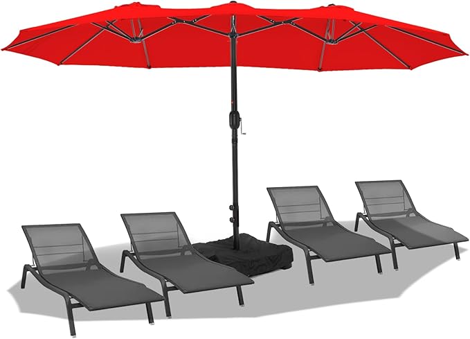 wikiwiki 15ft Large Patio Umbrellas with Base Included, Outdoor Double-Sided Umbrella with Crank Handle, Powerful UV Protective, for Pool Lawn Garden, Red