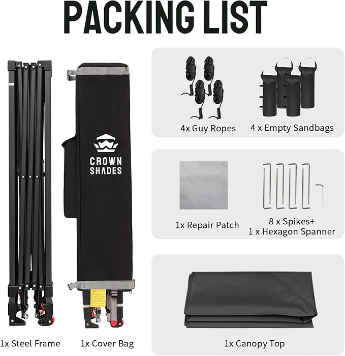 CROWN SHADES 10x10 Pop Up Canopy Tent - Patented Center Lock One Push Instant Outdoor Canopy Beach Tent with STO-N-Go Bag 8 Stakes & 4 Sand Bags,Grid Grey