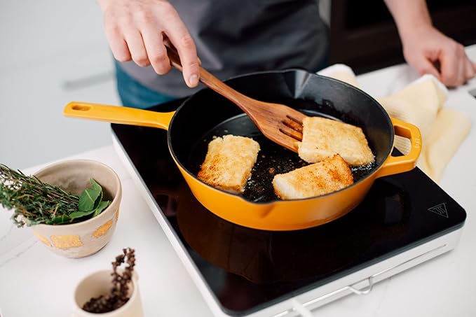 Milo by Kana 10-Inch Enameled Cast Iron Skillet | Nonstick Pre-Seasoned Cast Iron Grill Pan | Oven Proof and Dishwasher Safe | Cast Iron Cookware (Dijon)