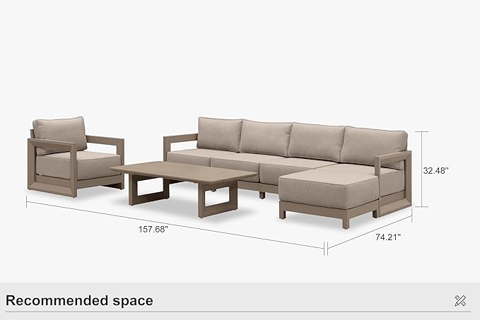 PURPLE LEAF Patio Furniture Set Open-End Outdoor Couch with 9.6" Thick Cushion and Soft Pillows 7 Piece Outdoor Sectional Sofas with Ottoman Modern Outdoor Conversation Sets for Yard Porch Deck, khaki