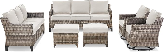 Outdoor Patio Furniture Set-6 Piece High Back Outdoor Furniture Set Sectional Sofa with Wicker Swivel Rocker Patio Chairs,Thick Cushions Ottomans for Porch Balcony Patio Deck Grey/Beige