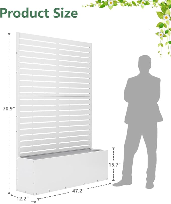 2PCS Metal Planter Box with Trellis,70.9"x47.2"x15.7" Raised Garden Bed with Drainage Holes, Privacy Planters for Outdoor Garden Bed for Climbing Plants,Vegetables,and Vines, White-louvered