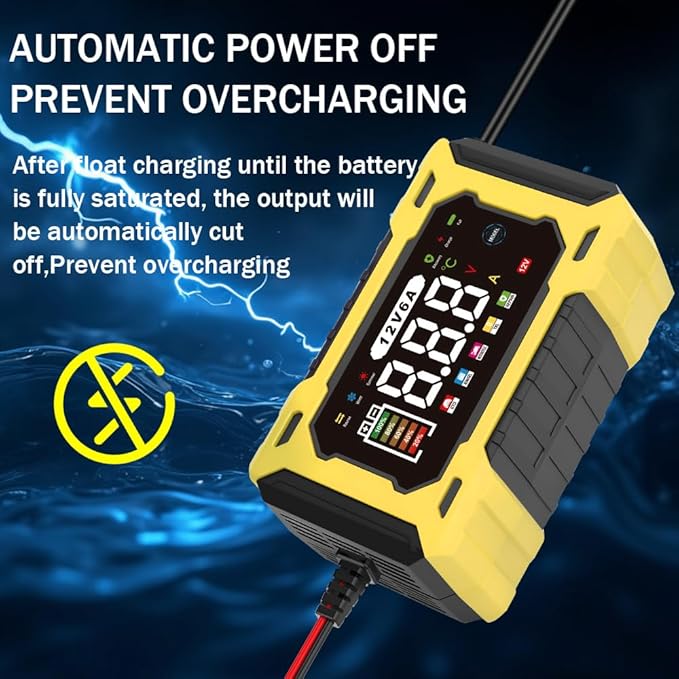 12V 6A Smart Battery Charger - Automotive Car/Motorcycle 12V Lead-Acid Battery Charger with LCD, Pulse Repair & Overcharge Protection