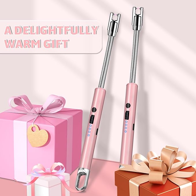 2 PCS Electric Lighter, Candle Lighter Arc Windproof Flame-Less with 360° Flexible Neck & LED Power Display, Type-C Rechargeable for BBQ, Grill, Camping, Fireplace, Stove