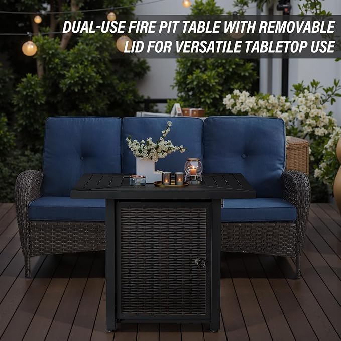 Belord 7-Piece Modern Brown Patio Conversation Set - 4 Swivel Glider Chairs & 50,000 BTU Propane Fire Table