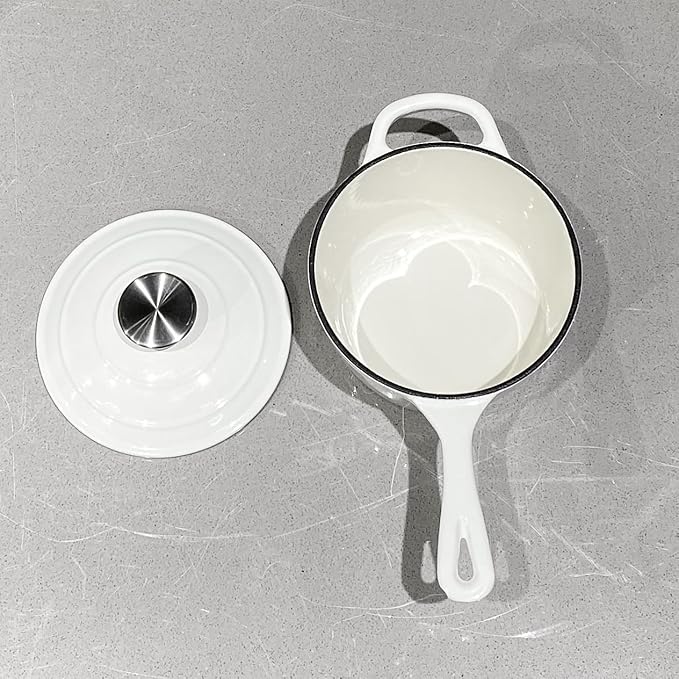 Commercial Grade, Cast Iron Enameled Cookware (White, Sauce Pan 1.75qt)