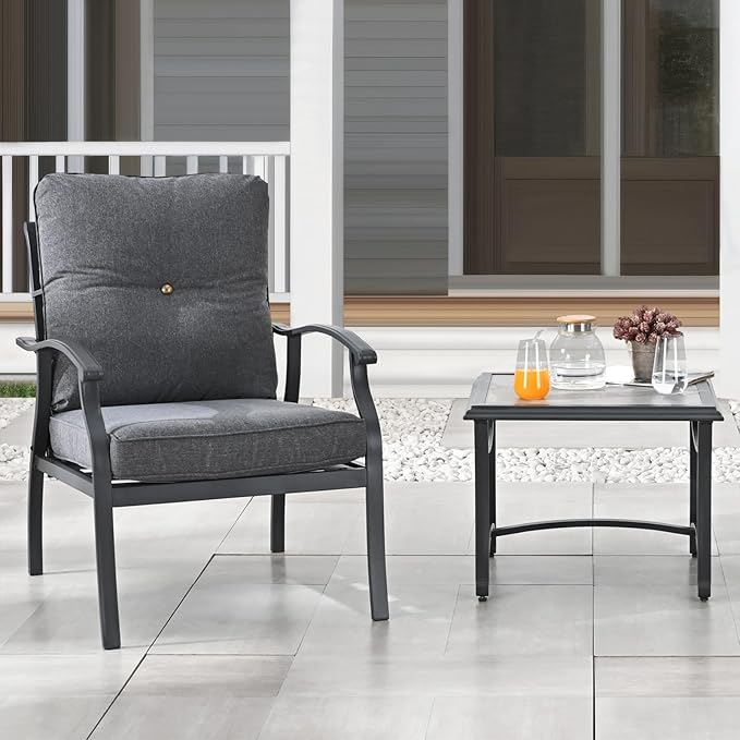 Patio Bistro Set 3 Pieces Metal Outdoor Furniture Sets Metal Patio Chairs with Side Table Dark Grey Thick Cushions Galvanized Steel Frame