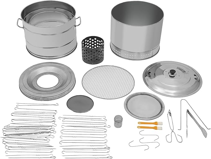 Stainless Steel Smokeless Barbecue Surround Charcoal Grill, 50 Kabob Skewer Portable Charcoal BBQ Charcoal Barrel Smoker with Grilling Accessories Set for Camping, Backyard & Home BBQ INGRILL