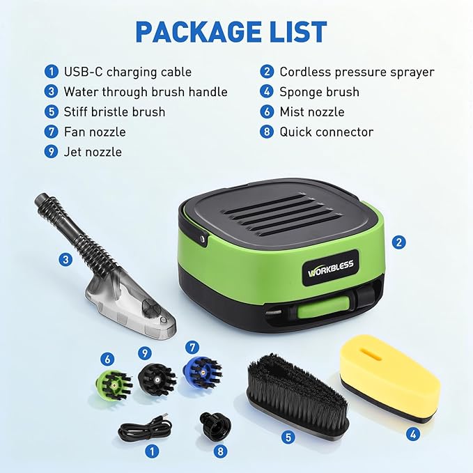 Cordless Electric Sprayer, Portable Water Sprayer with 3.2gal Water Tank, Auto-Rewind Hose Reel, Portable Cordless Pressure Washer for Cars, Bikes, Garden, Camping(2 Extra Brushes)