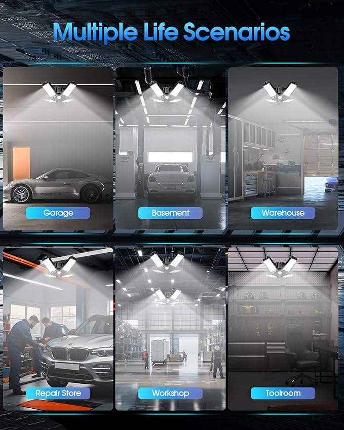 Motion Sensor Garage Light, 150W 15000LM 6500K LED Shop Lights, Garage Lights Ceiling Led with 4 Deformable Panels, Screw in E26 Socket Bulb for Warehouse, Workshop, Basement, Barn Lighting
