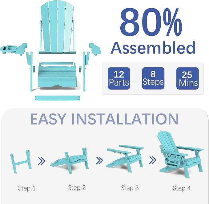 FOOWIN Adirondack Chair with Retractable Ottoman,HDPE Folding Adjustable Adirondack Chair w/4 in 1 Cup Holder Trays,All-Weather Resistant Fire Pit Chair Set of 4 Lake Blue