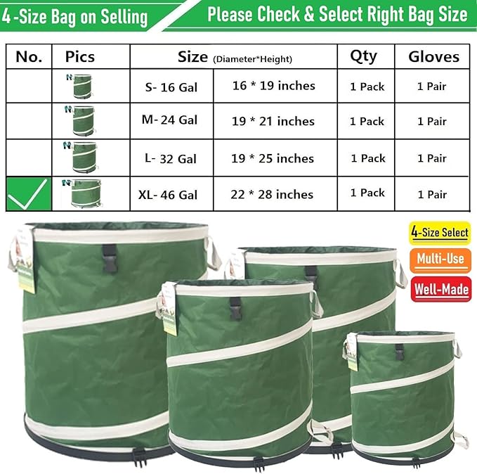 46-Gallon Collapsible Trash Can (22x28 in) Hard-Shell Bottom Yard Garden Bag for Leaf Bag,Yard Waste,Debris Container,Pop-Up Recycling Bin,Camping Waste Bag,Laundry Hamper,Lawn Grass,Sods,Weeds Barrel