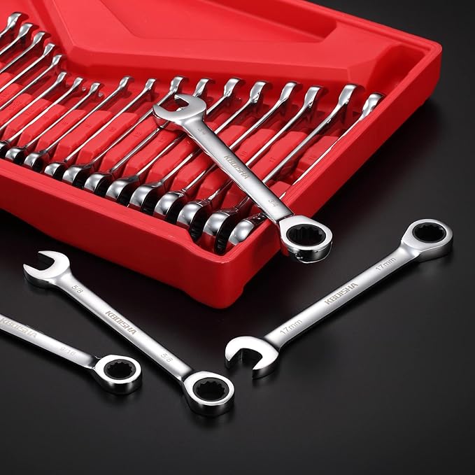 kboisha Ratcheting Wrench Set, 22-Piece Combination Wrench Set with Metric and SAE CR-V Steel Ratchet 72-Tooth 6-18mm and 1/4" to 3/4" Standard Wrench Organizer