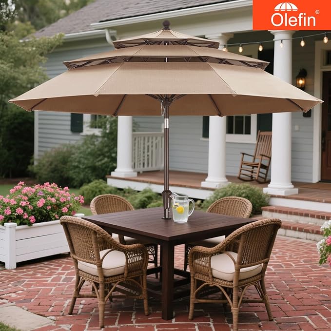 MASTERCANOPY 9ft 3-Tier Olefin Patio Umbrella with Tilt Crank, 5-Year-Non-Fading Canopy & 8 Fiberglass Ribs for Deck, Patio, and Garden, Burgundy & White