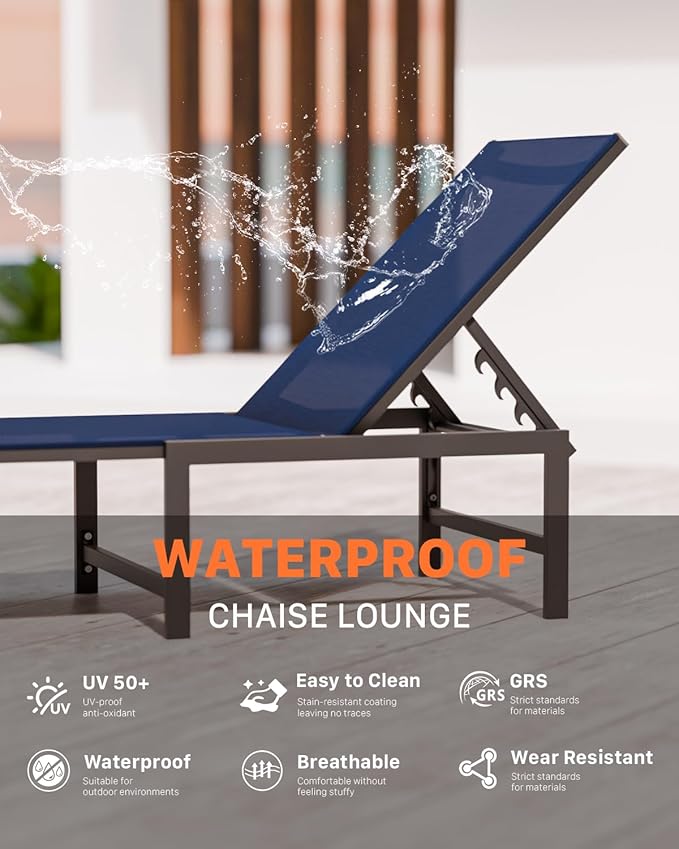 Chaise Lounge Chair Outdoor,Aluminum Patio Lounge Chairs Set of 2,Pool Lounge Chairs with 5 Adjustable Backrest and Headrest Pillows for Outside Beach,NavyBlue
