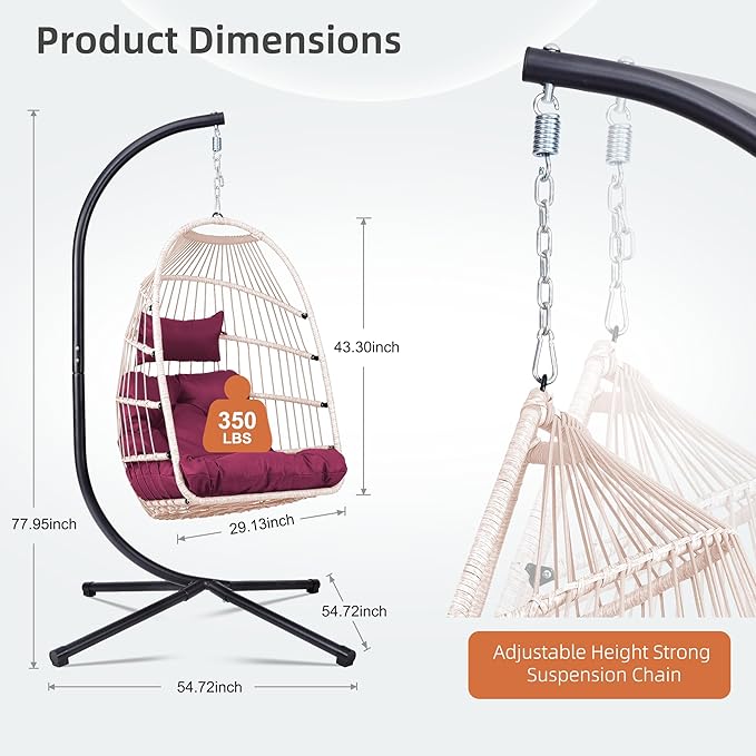 Outdoor Egg Hanging Chair with Stand Patio Wicker Swing Chair for Indoor Outdoor Use Rose Red Color Foldable Design 350lb Capacity