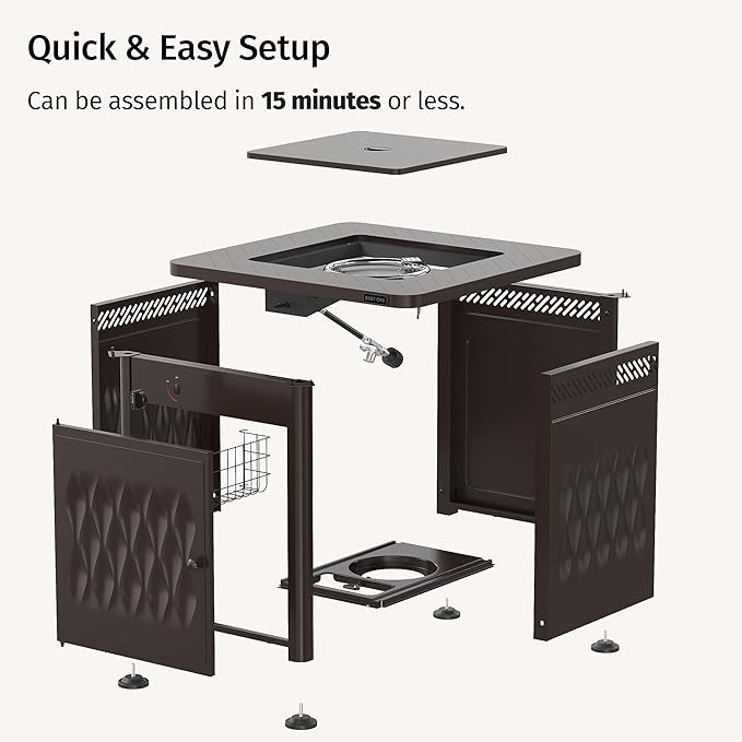 EAST OAK 28" Upgraded Outdoor Fire Pit Table | 52,000 BTU Fire Pit Table for Outside with Magnetic Lid | Storage Basket & Lava Rocks | CSA Certified for Patio, Garden & Backyard | Black