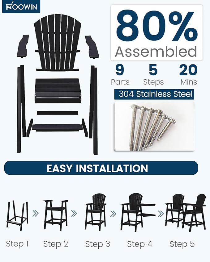 FOOWIN Tall Adirondack Chair Set of 4, All Weather HDPE Bar Height Adirondack Chair with Double Connecting Trays, Adirondack Barstools for Balcony, Deck, Backyard, Patio, Garden Black