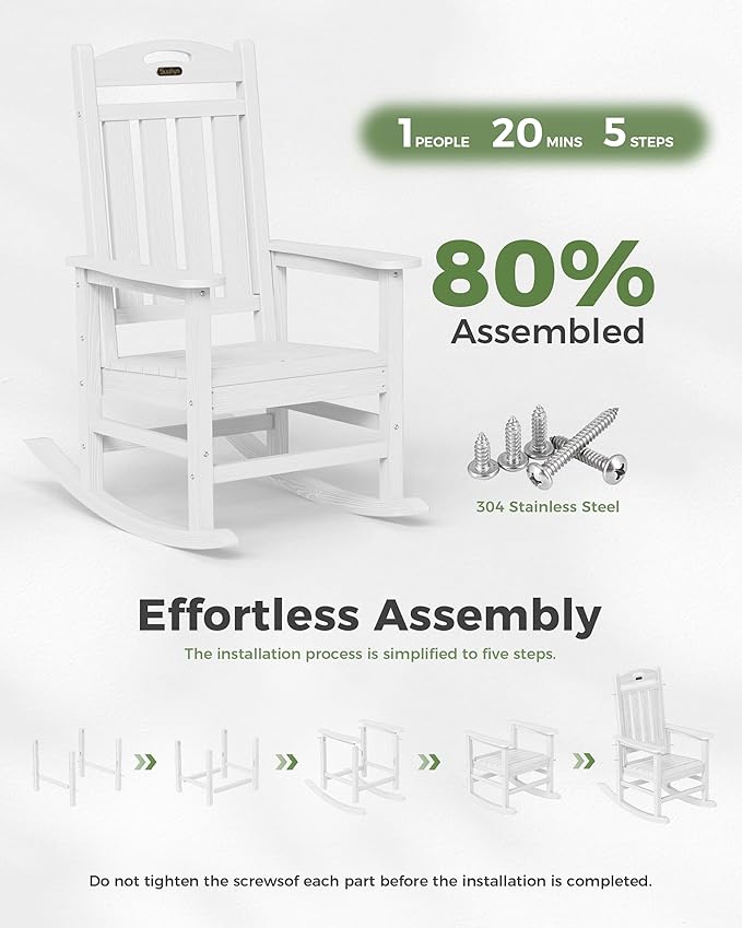 Oversized Outdoor Rocking Chair, High Back Porch Rocker Chair, HDPE All Weather Resistant Rocking Chairs for Patio,380lbs Weight Capacity, White
