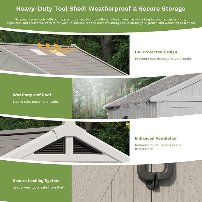 Patiowell 10 x 16 FT Outdoor Storage Shed, Plastic Shed with Floor and Skylight, Resin Storage Shed with Four-Window and Lockable Door for Garden, Patio, Backyard, Beige
