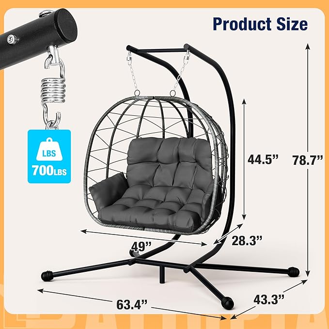 Pamapic 700 LBS Double Egg Chair Outdoor, UV Resistant Cushions Hanging Egg Chair with Armrests & Headrest, Thick Steel Frame Egg Swing Chair with Stand, for Relaxing & Reading Outside/Inside(Grey)