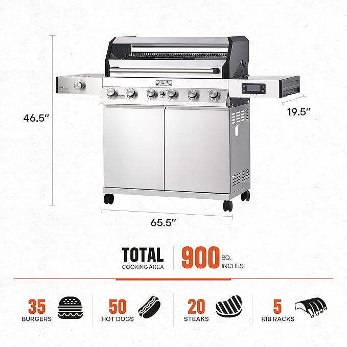 Monument Grills 6-Burner Convertible Natural Gas Smart bbq Grill Stainless Steel Denali 605 with BBQ Cover