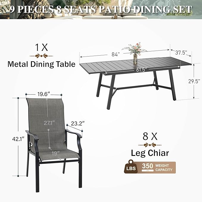 HERA'S HOUSE Patio Dining Set for 8, 9 Piece Table Chairs Set with 8 All Weather High Back Dining Chairs and Extendable Large Surface Metal Table, Outdoor Furniture Dining Set for Lawn, Garden, Porch