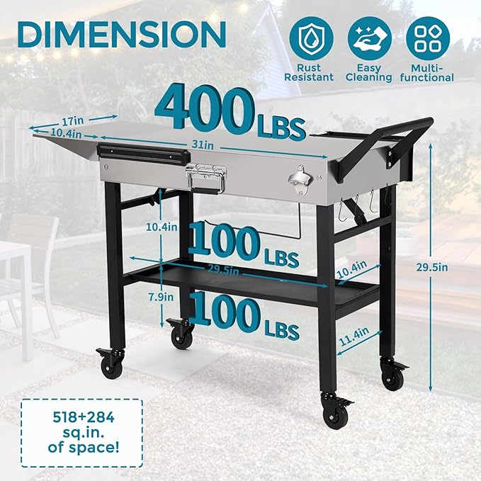 Annualing Stainless Steel Portable Outdoor Grill Cart, Foldable Grill Table with Wheels, 31 x 17 Inch, Expansion Table, 17/22 Inch Blackstone Grills, Ninja Woodfire Grills, Pizza Ovens
