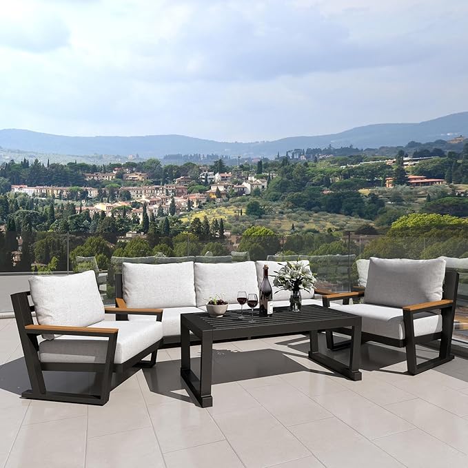 Aluminum Outdoor Furniture with Coffee Table,5 Seats Patio Furniture Set Sectional Waterproof Sofa with Conversation Set Table with Upgrade and Washable Cushion Grey