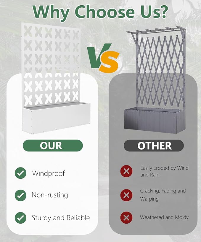 Metal Planter Box with Trellis,70.9"x47.2"x15.7" Raised Garden Bed with Drainage Holes, Privacy Planters for Outdoor Garden Bed for Climbing Plants,Vegetables,and Vines, White-X
