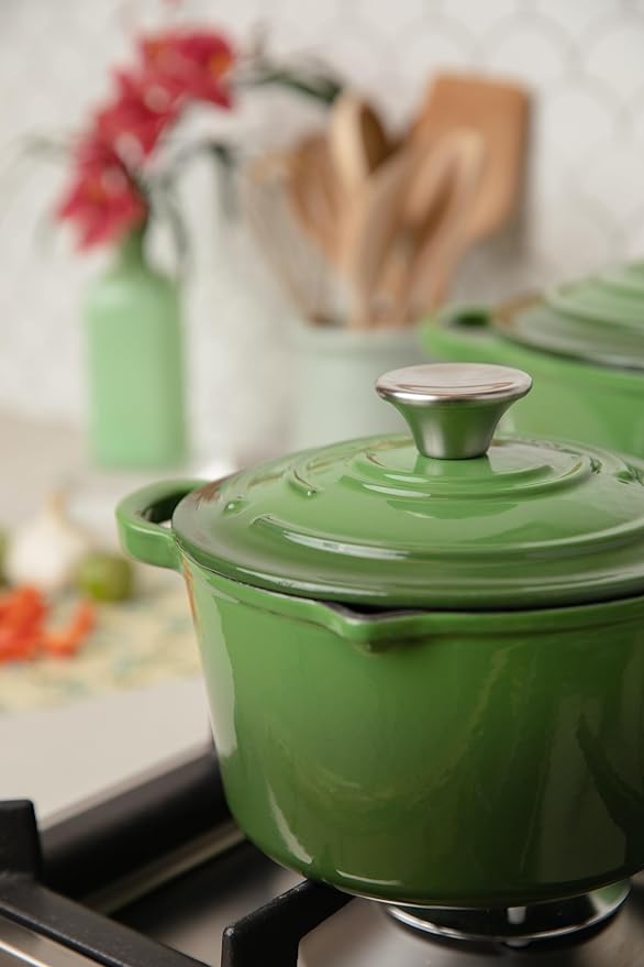 Larder & Vine 4-Piece Enameled Cast Iron Set, Oven Safe and Suitable for All Cooktops – includes 5.7 Quart Dutch Oven Pot with Lid and 2.2 Quart Saucepan with Lid (Okra)