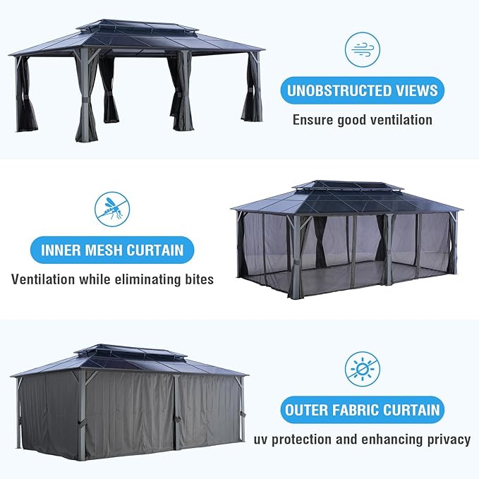 LeDoasis Nebula 12'x20' Permanent Hardtop Gazebo, Outdoor Aluminum Patio Gazebo, Polycarbonate Double Roof Canopy, Breathable Netting & Privacy Curtain Included,for Patio Lawn and Garden,Parties