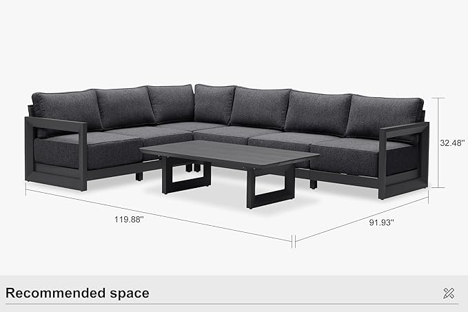 PURPLE LEAF Patio Furniture Set L-Shaped Outdoor Couch with 9.6" Thick Cushion and Soft Pillows 7 Piece Outdoor Sectional Sofas with Table Modern Outdoor Conversation Sets for Yard Porch Deck, Grey