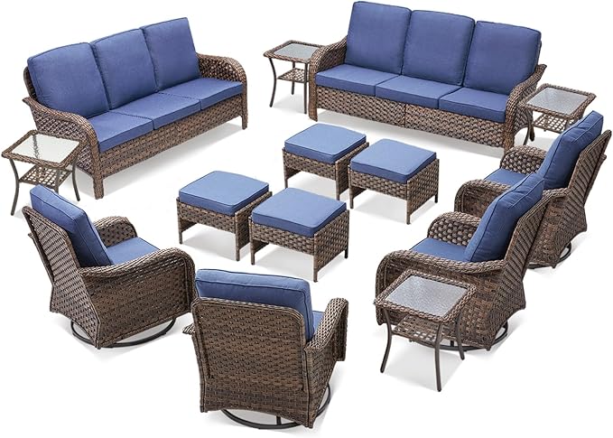 Patio Furniture Set-14 Pieces All-Weather Outdoor Fueniture Set with High Back Outdoor Swivel Rocking Chairs Patio Conversation Sets for Garden Porch Deck Brown/Blue