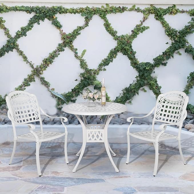 VIVIJASON 3-Piece Outdoor Patio Bistro Set, All-Weather Cast Aluminum Furniture Dining Sets Include 2 Chairs and 31" Round Table w/Umbrella Hole for Balcony, Lawn, Garden, Backyard, White