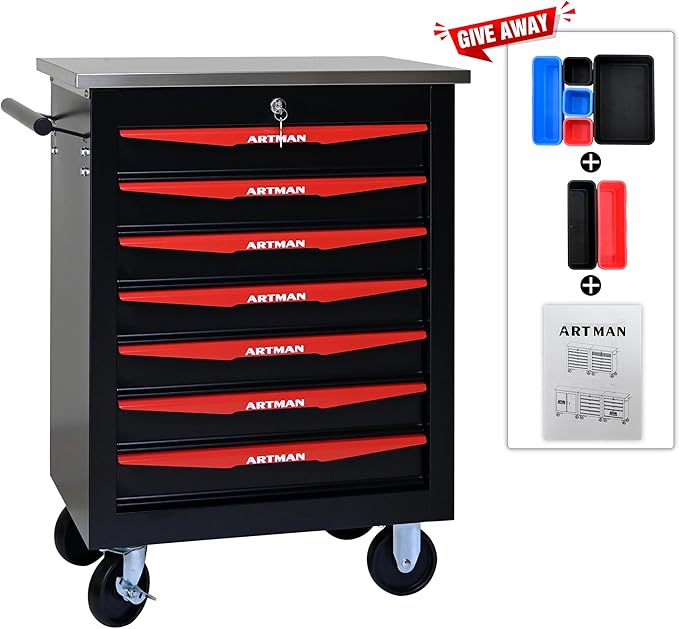 7 Drawers Tool Cart on Wheels,Multifunctional Rolling Tool Storage Chest,Drawer Rolling Trolley Organizer Tool Box for Garage,Workshop,DIY Multiple Interconnectable(7 Drawers-30.5" H)